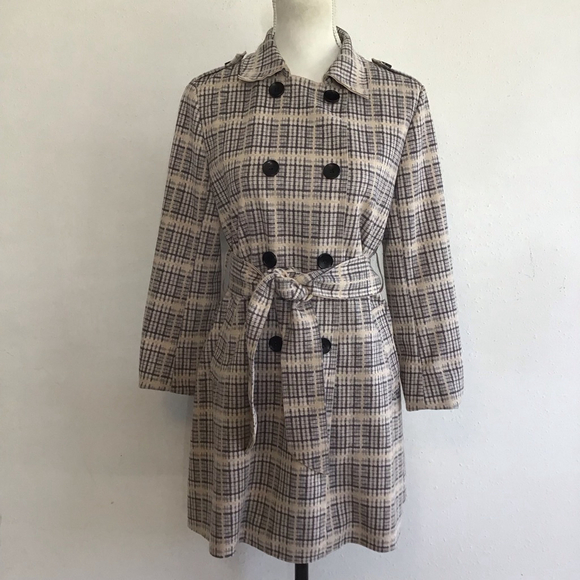 Solitaire Jackets & Blazers - Solitaire Women Plaid Double Breasted Tie Belt Trench Jacket S Beige Black